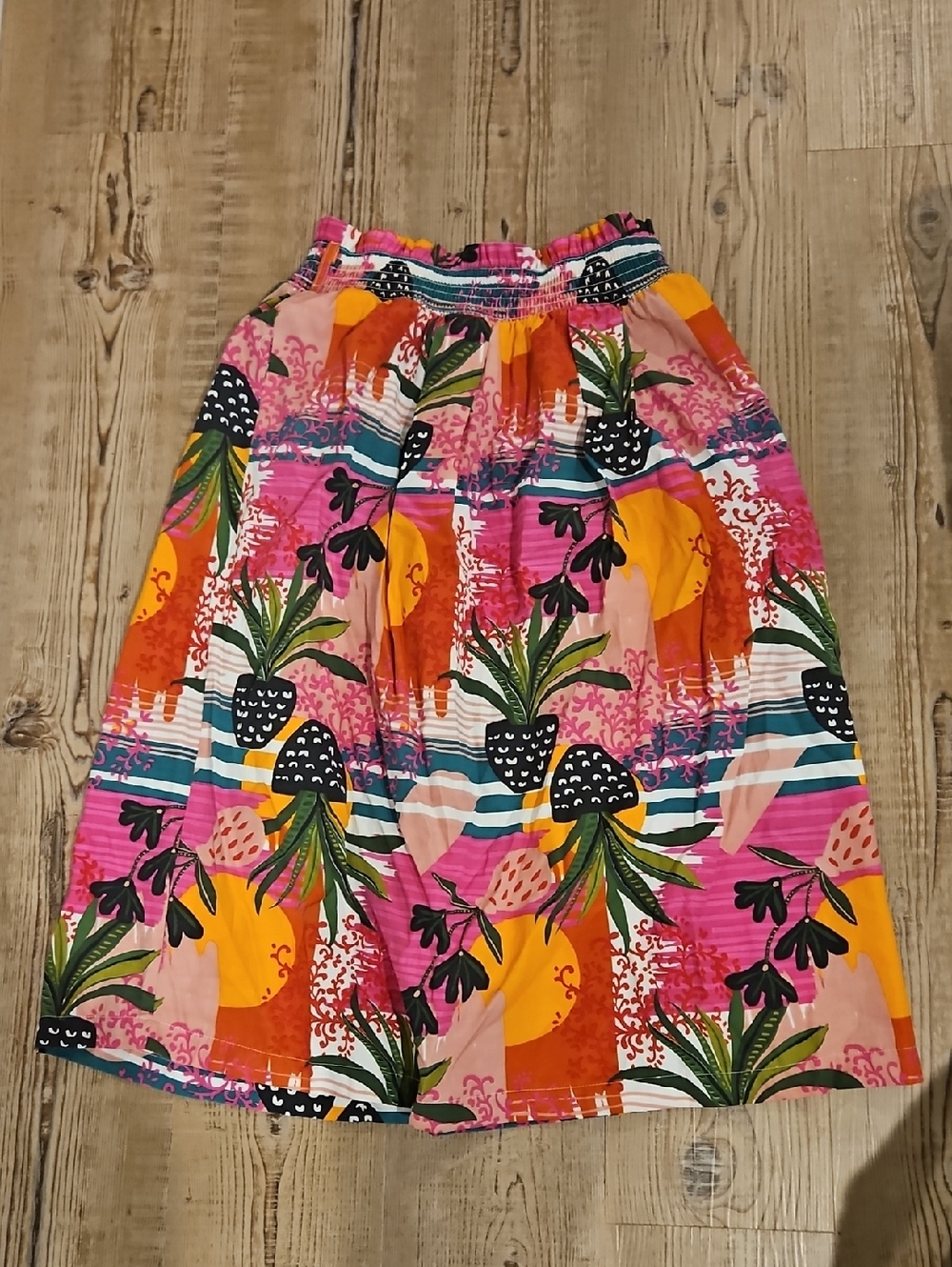 Tropical Plant Print Midi Skirt in Pink & Orange
